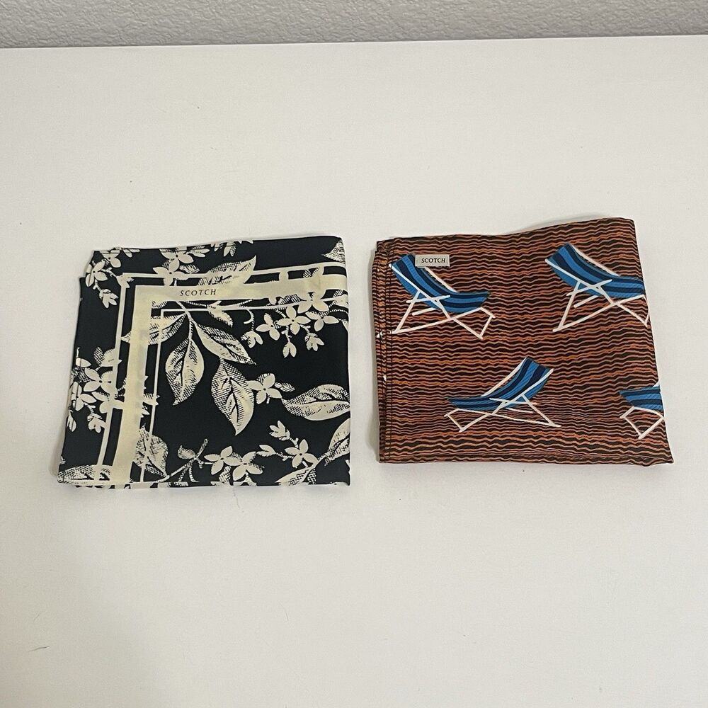 Scotch & Soda Lot of 2 Pocket Squares Mini Scarves Floral Leaves Beach Chairs